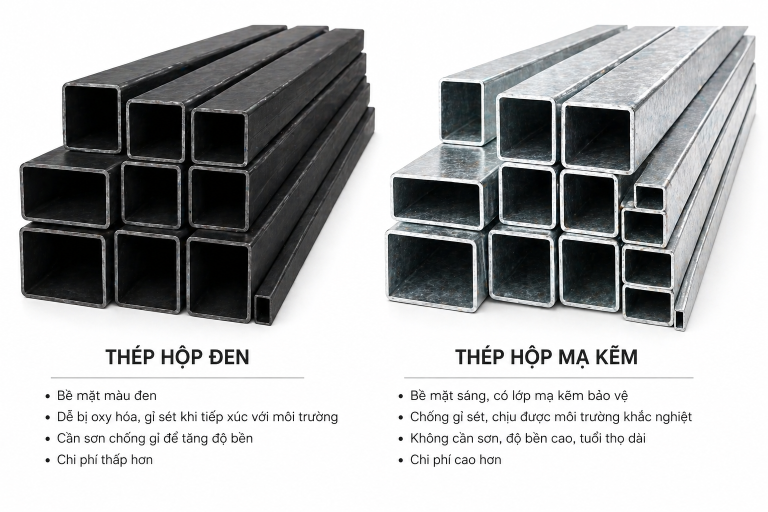 So Sánh Thép Hộp Đen Và Thép Hộp Mạ Kẽm – Nên Chọn Loại Nào Cho Công Trình?